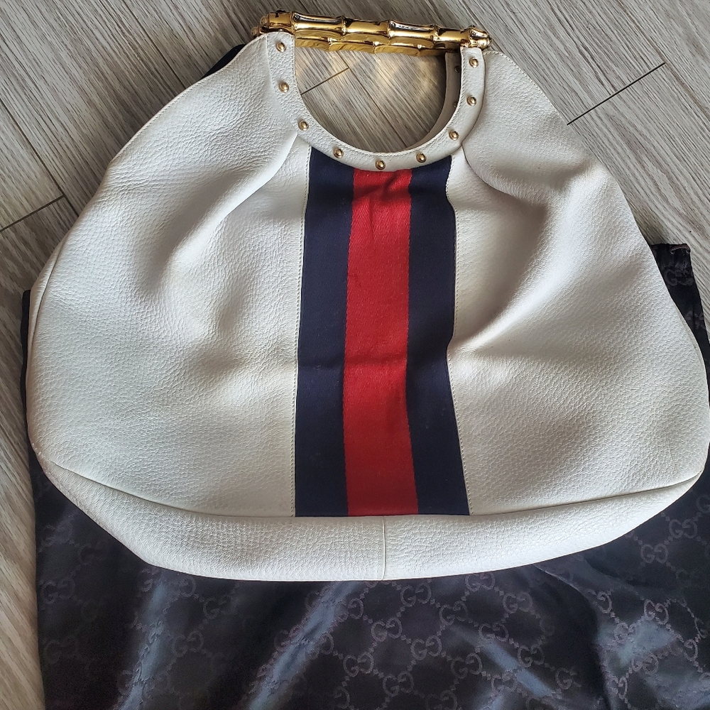Gucci Bamboo Handle Hobo Bag White Leather- Cherryline
